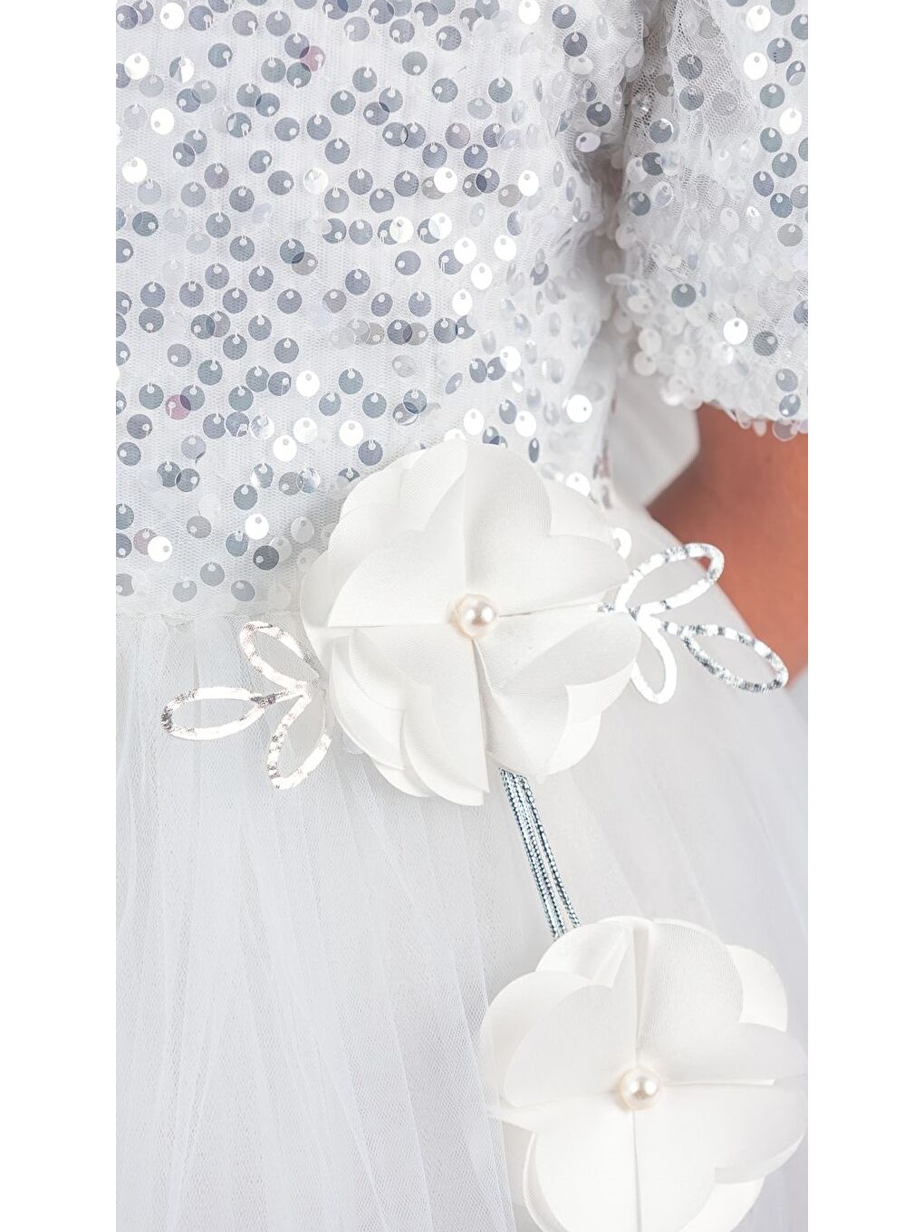 Beyaz Kız Çocuk Etek Ucu Pullu Venna Abiye Elbise M00761-3