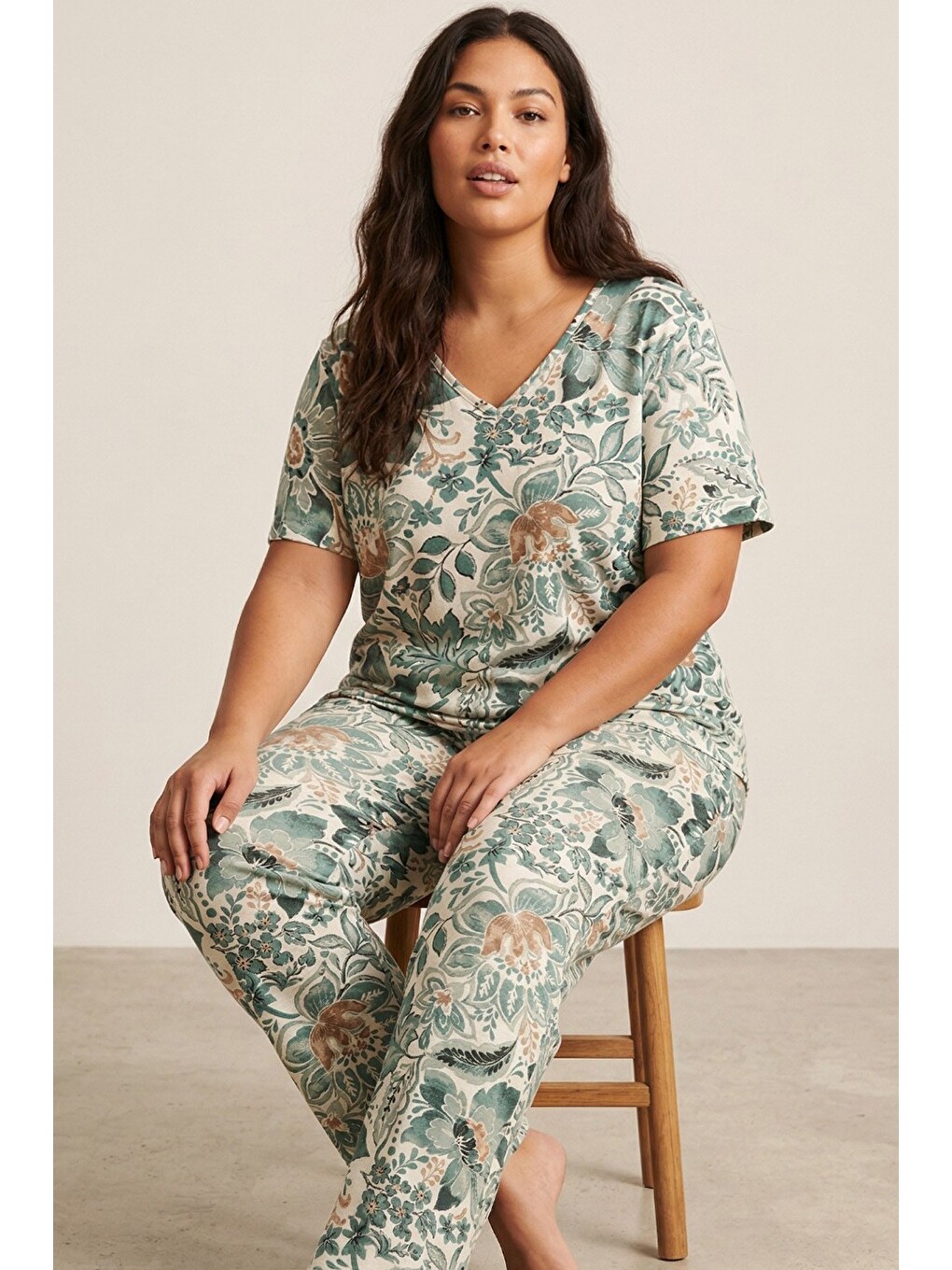 Yeşil Desenli Büyük Beden Battal Boy Viskon Örme Pijama Takım