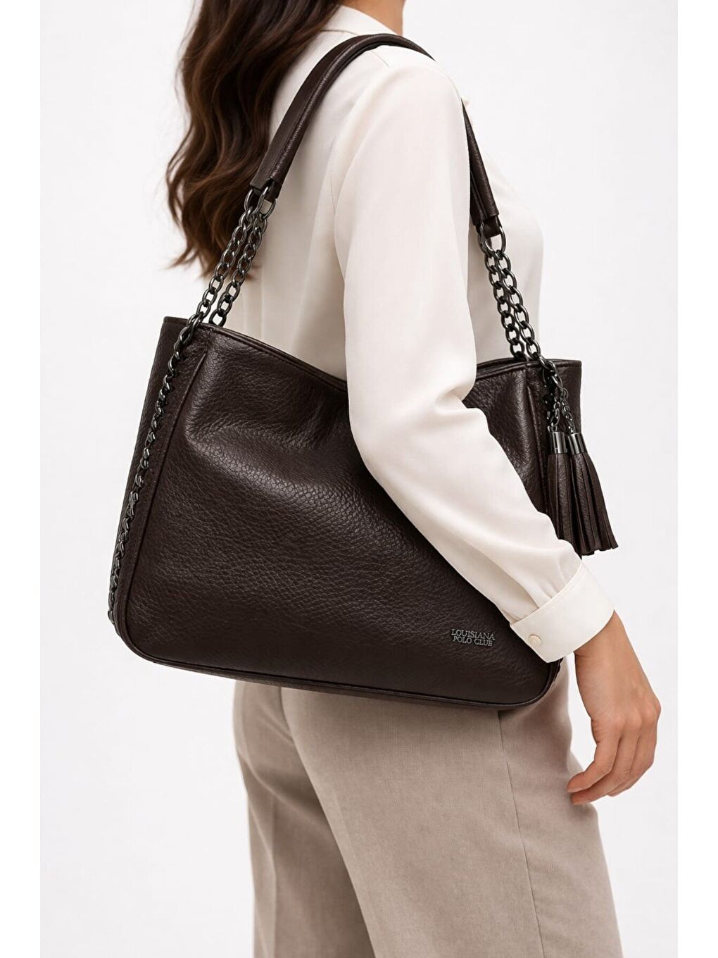 Kahverengi Kadın Hakiki Deri Görünümlü Zincir Askılı Omuz Çantası 12655-1