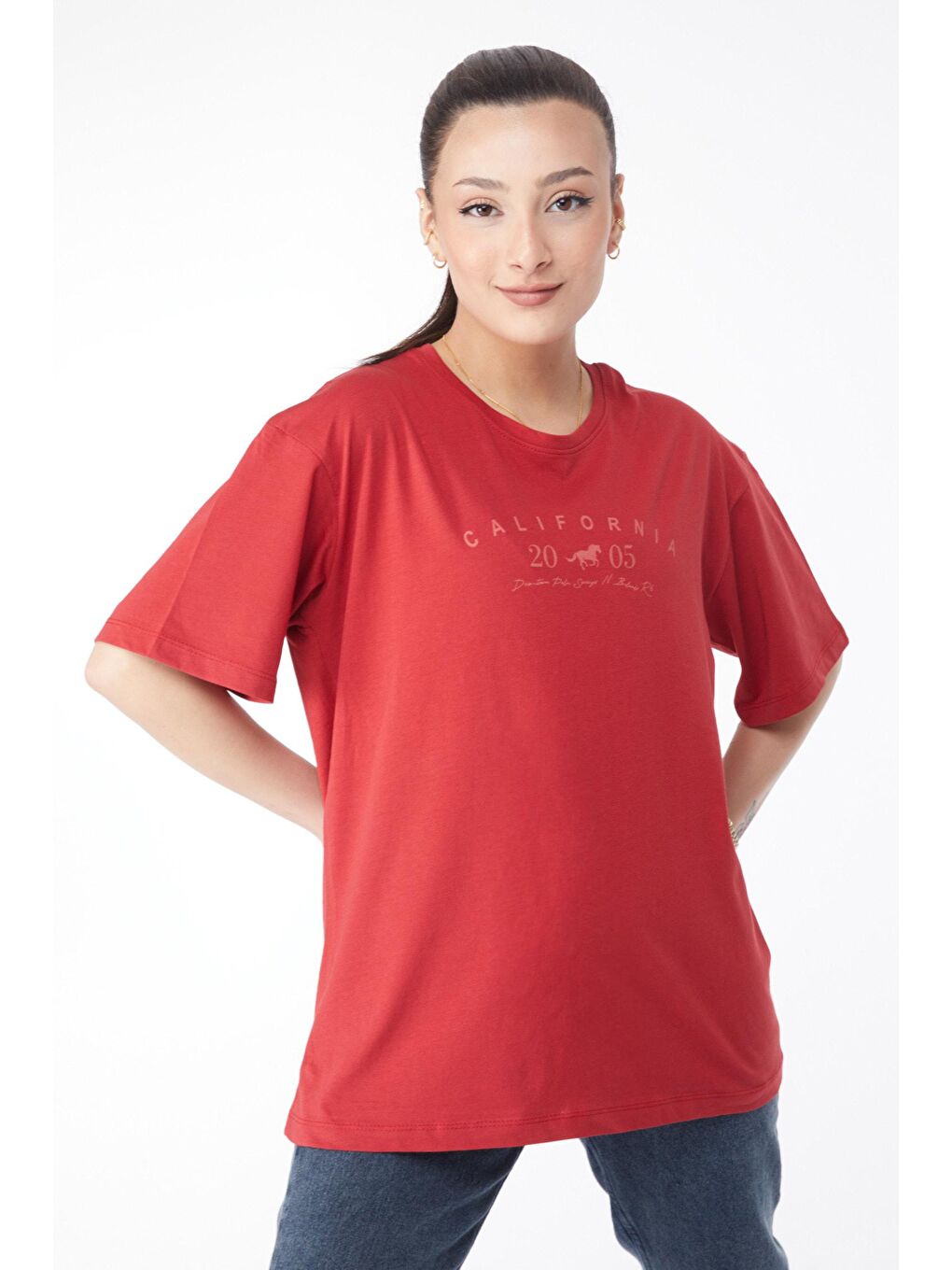 TOFİSA Kırmızı Düz Bisiklet Yaka Kadın Kırmızı Kısa Kollu Baskılı T-shirt - 24632 - 2