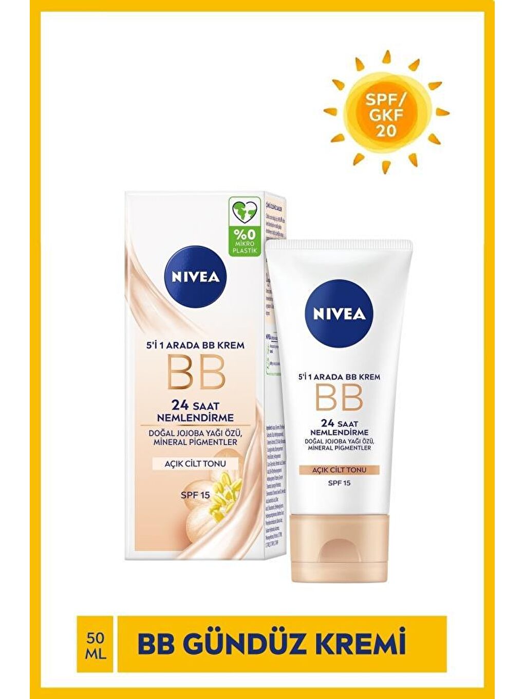 NIVEA Şeffaf Essentials Bb Krem Spf15, 24 Saat Ne mlendirme, Işıltı Açık Ton Gündüz Yüz Bakım Kremi 50 ml