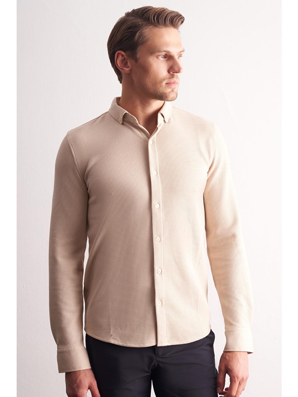 Bej Uzun Kol Düğmeli Yaka  Pamuklu Slim Fit Gömlek 1004255267-3