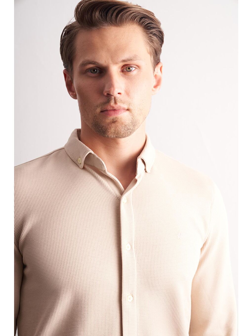 Bej Uzun Kol Düğmeli Yaka  Pamuklu Slim Fit Gömlek 1004255267-4