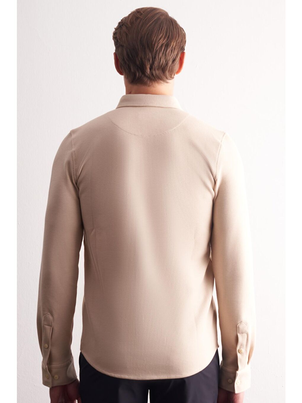 Bej Uzun Kol Düğmeli Yaka  Pamuklu Slim Fit Gömlek 1004255267-5