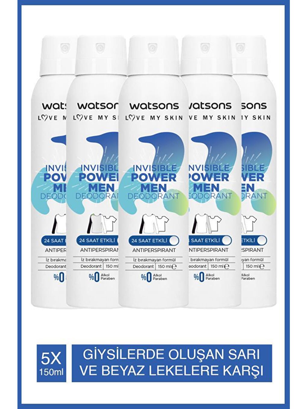 Watsons Açık Bej Invisible Power Men 24 Saat Etkili Deodorant 150 ml X5 ADET