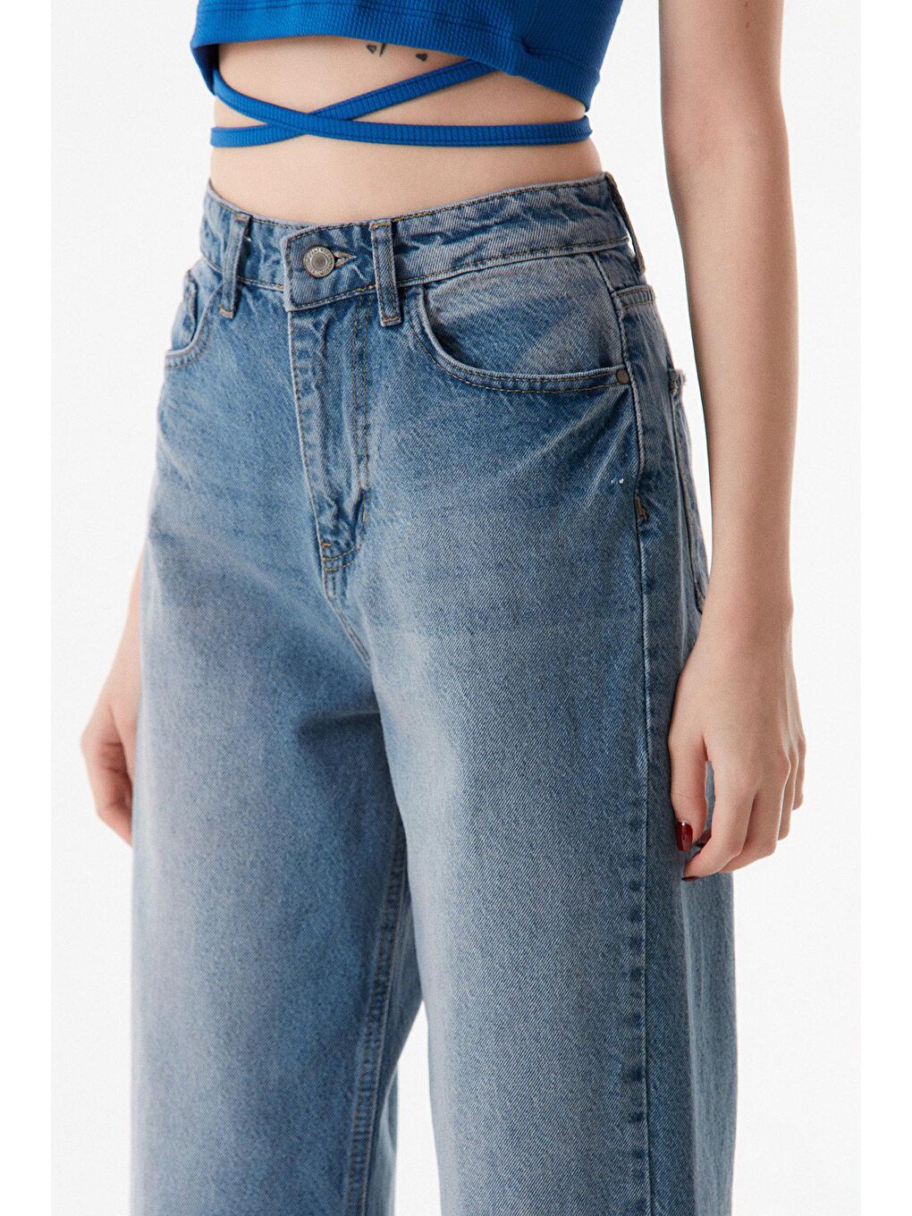Mavi Yüksek Bel Palazzo Jean-4