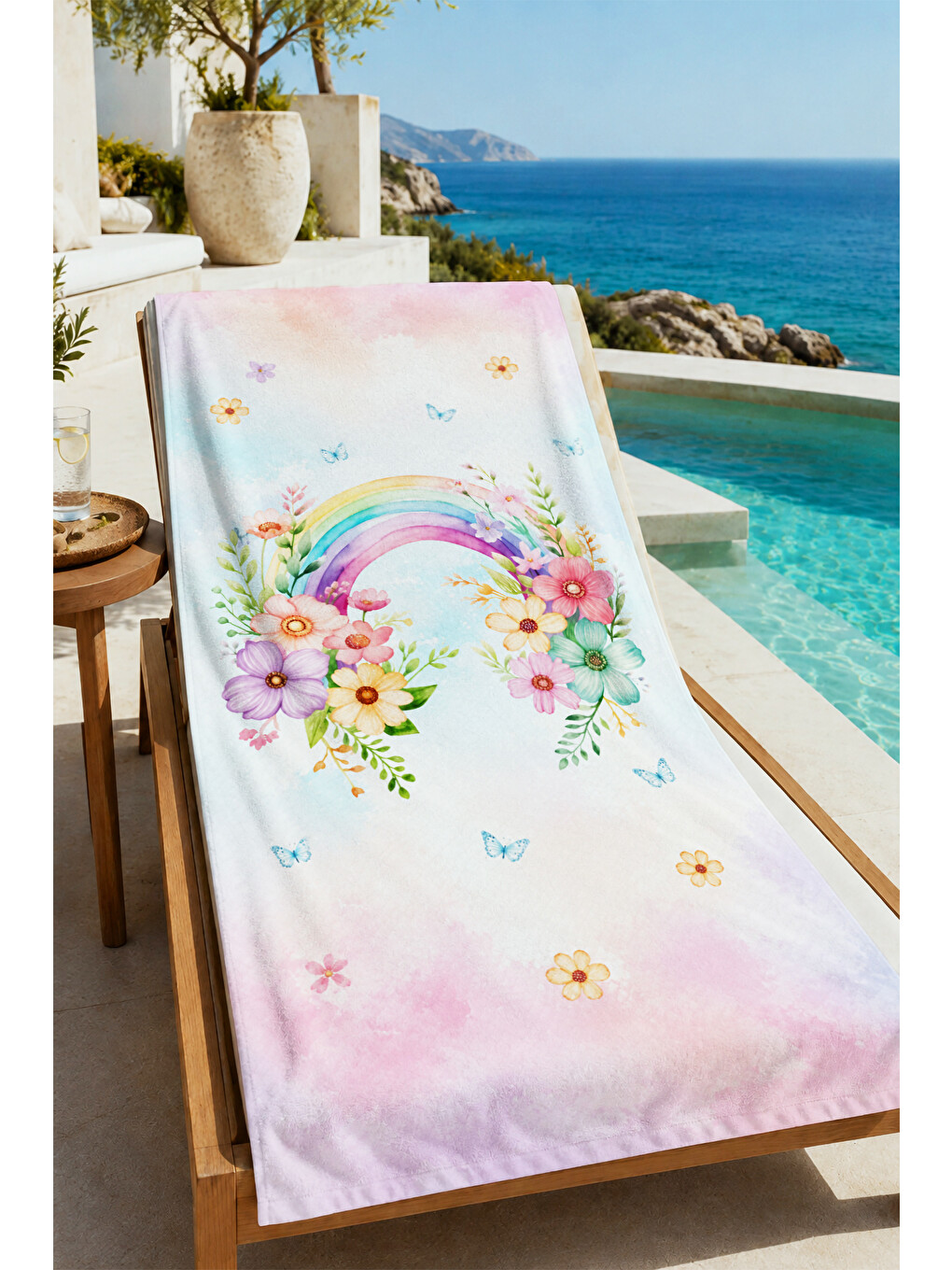 Pembe Suluboya Çiçekli Pastel 70x150 Plaj Havlusu - Dijital Baskılı