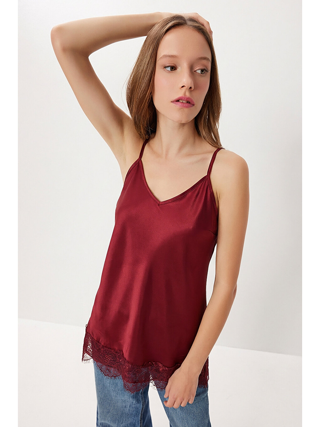 Bordo Dantelli Saten Yüzeyli Kamisol Bluz BORDO LNT0024