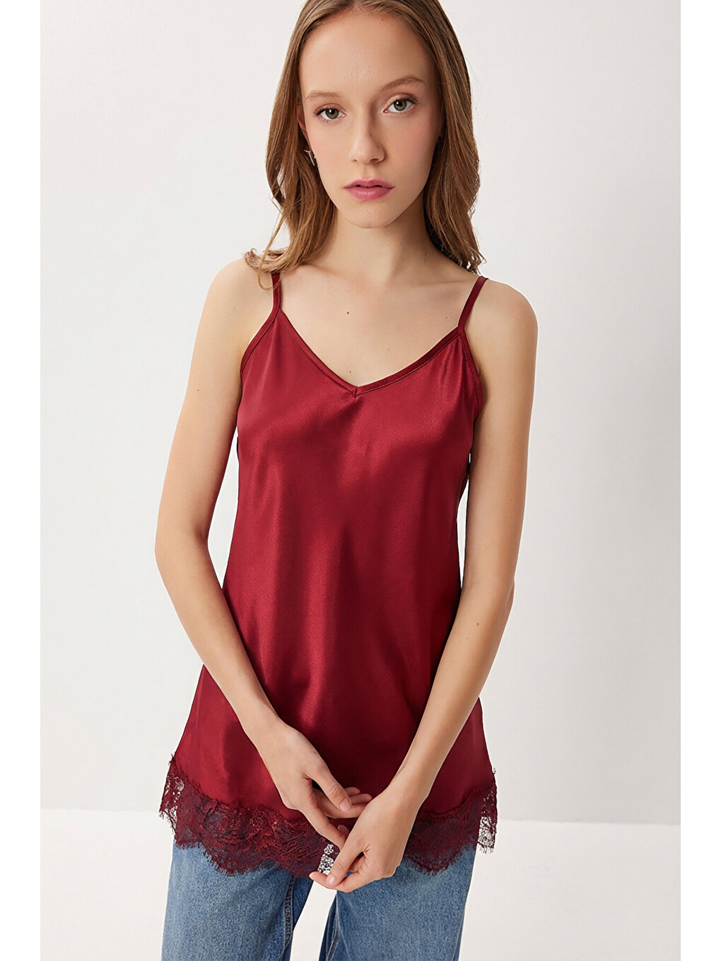 Bordo Dantelli Saten Yüzeyli Kamisol Bluz BORDO LNT0024-1