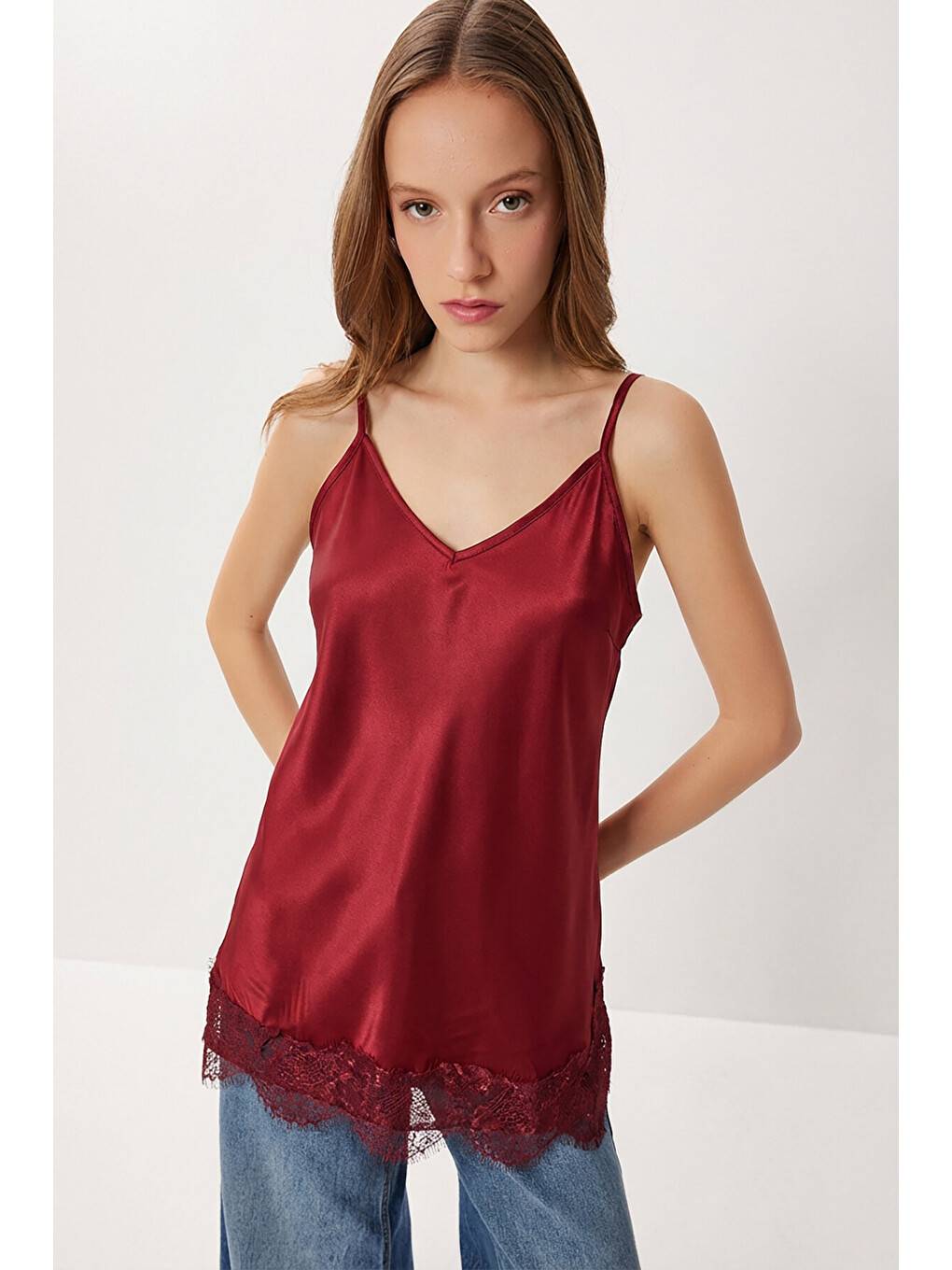 Bordo Dantelli Saten Yüzeyli Kamisol Bluz BORDO LNT0024-2