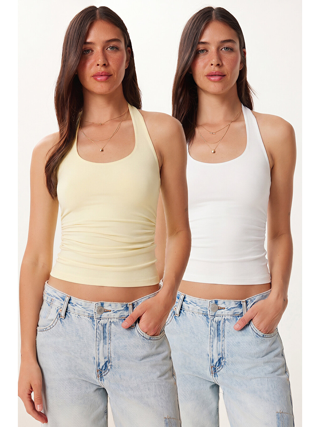 Beyaz 2’li Paket Halter Yaka Basic Örme Bluz BEYAZ SARI LDZ0078