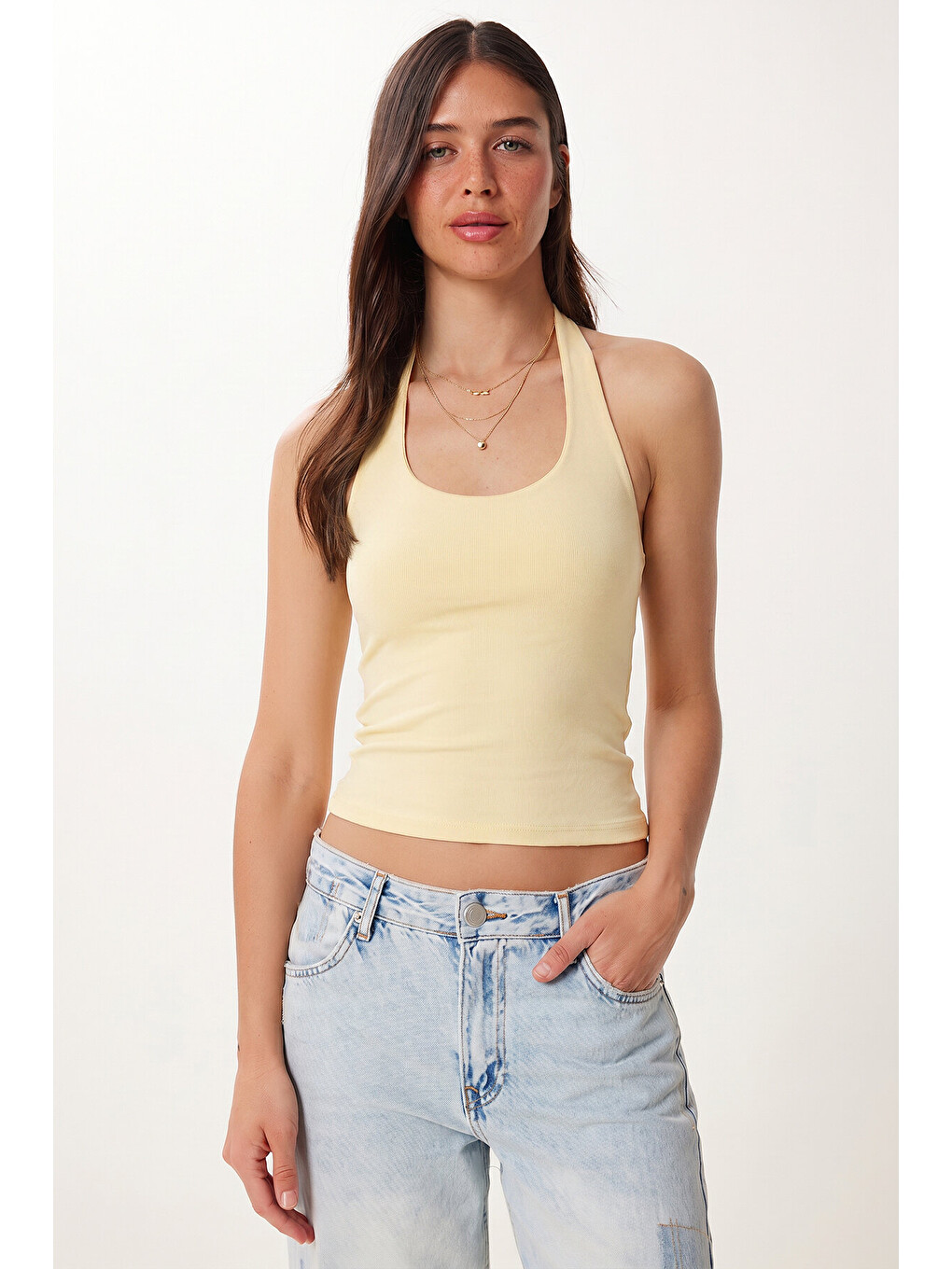Beyaz 2’li Paket Halter Yaka Basic Örme Bluz BEYAZ SARI LDZ0078-2