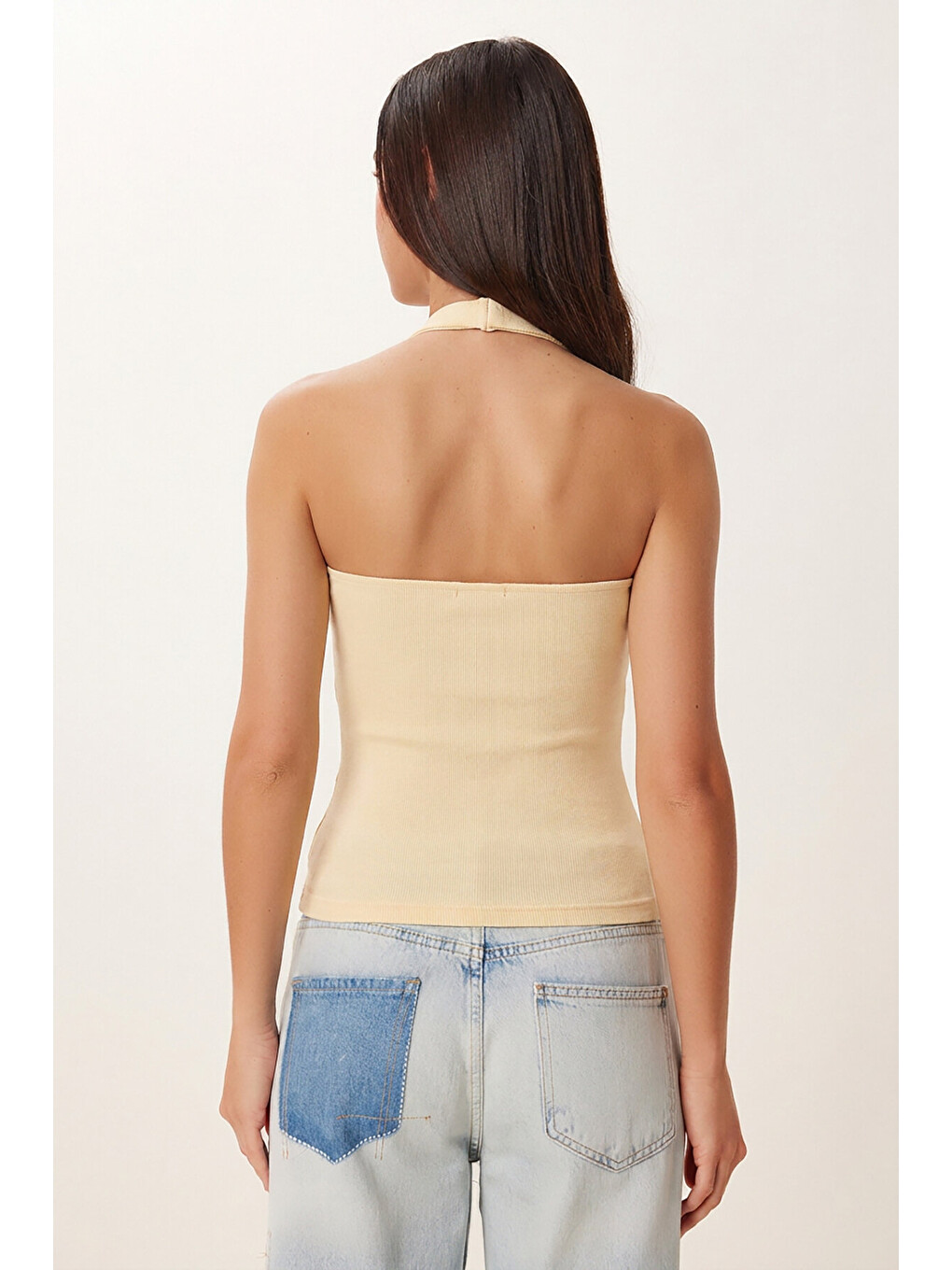 Beyaz 2’li Paket Halter Yaka Basic Örme Bluz BEYAZ SARI LDZ0078-3