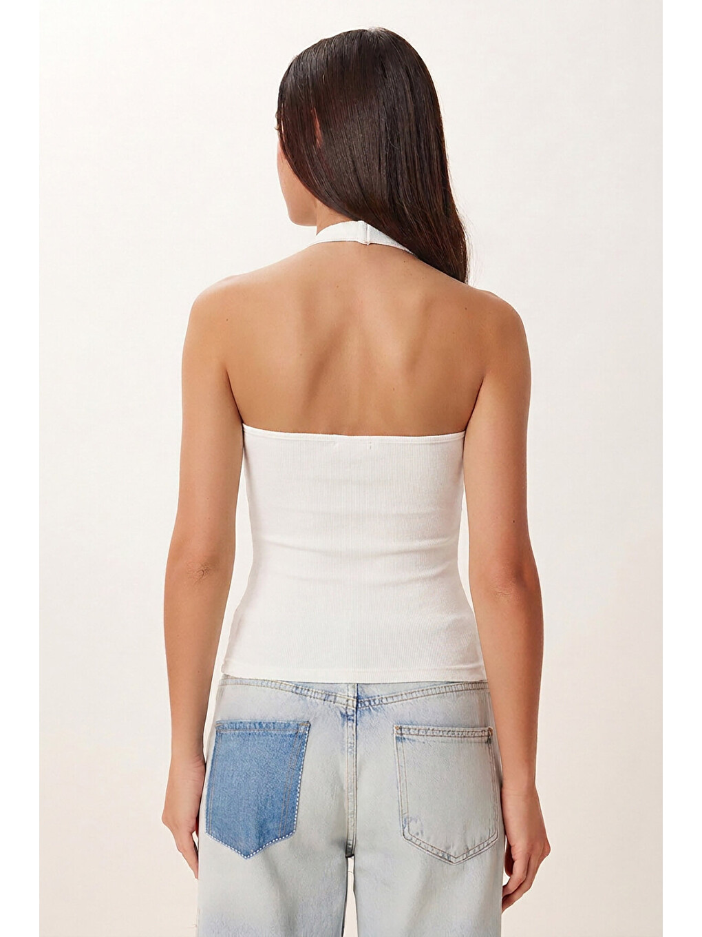 Beyaz 2’li Paket Halter Yaka Basic Örme Bluz BEYAZ SARI LDZ0078-4