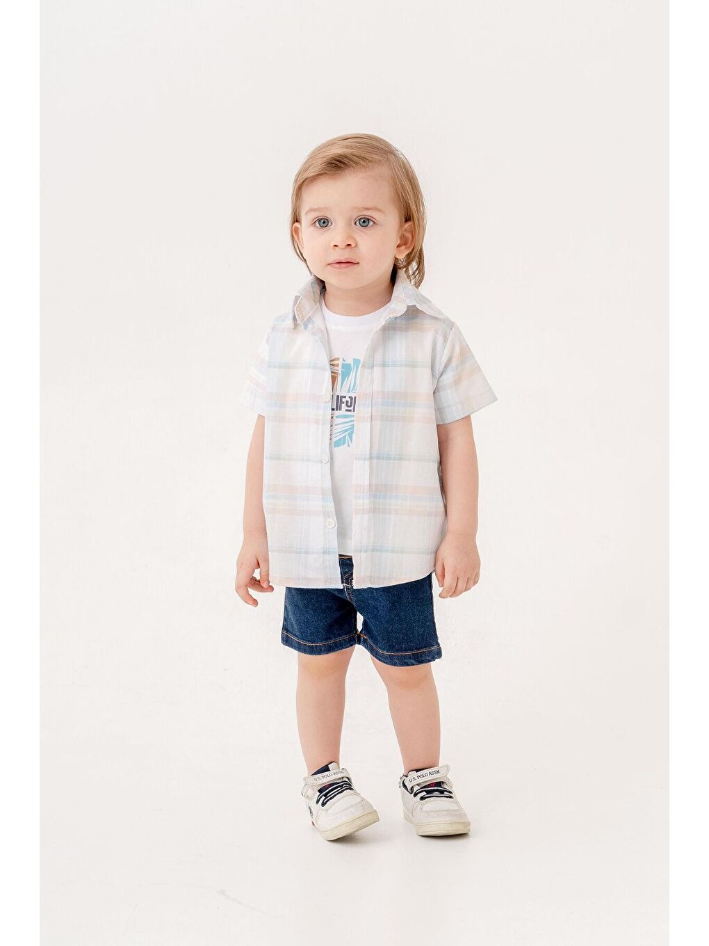 Mavi Tarz Gömlekli Kareli Belden Ayarlanabilir Kısa Kollu Şortlu 3'lü Takım