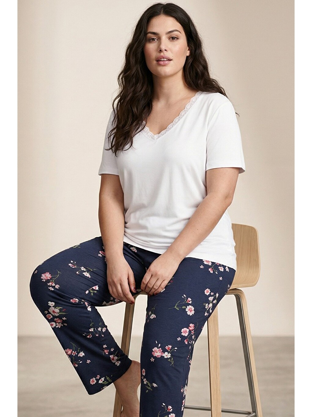 Ekru Desenli Büyük Beden Battal Boy Viskon Örme Pijama Takım