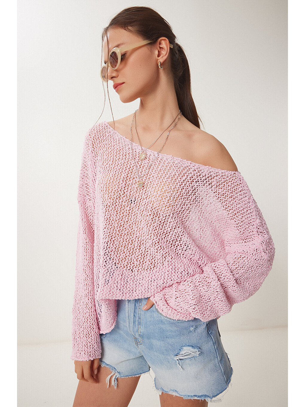 Pembe Ajurlu Mevsimlik Triko Bluz PEMBE LYY0092-1