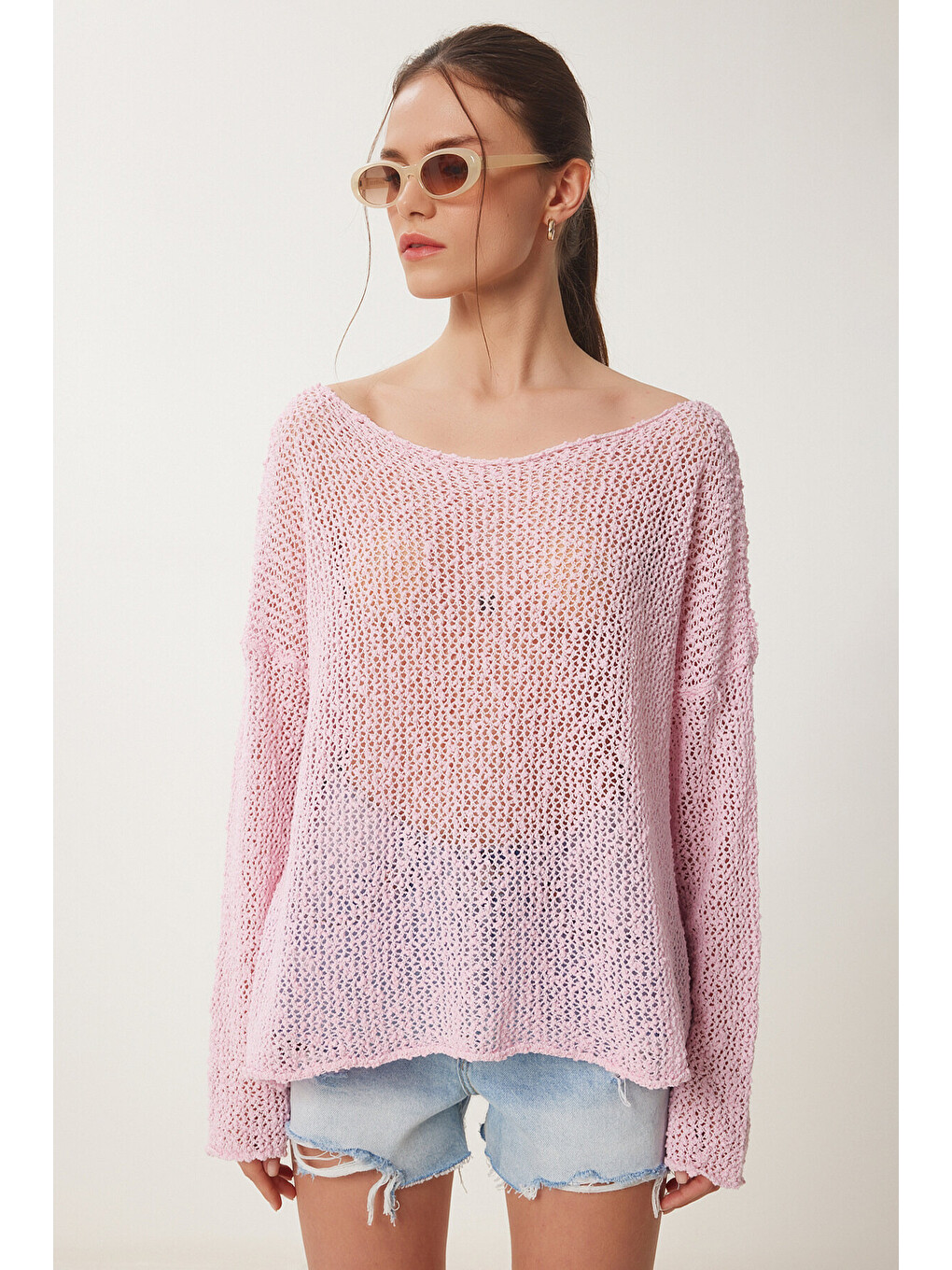 Pembe Ajurlu Mevsimlik Triko Bluz PEMBE LYY0092-2