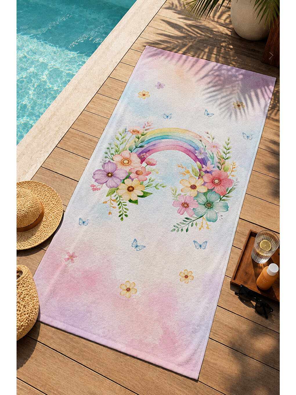 Pembe Suluboya Çiçekli Pastel 70x150 Plaj Havlusu - Dijital Baskılı-3