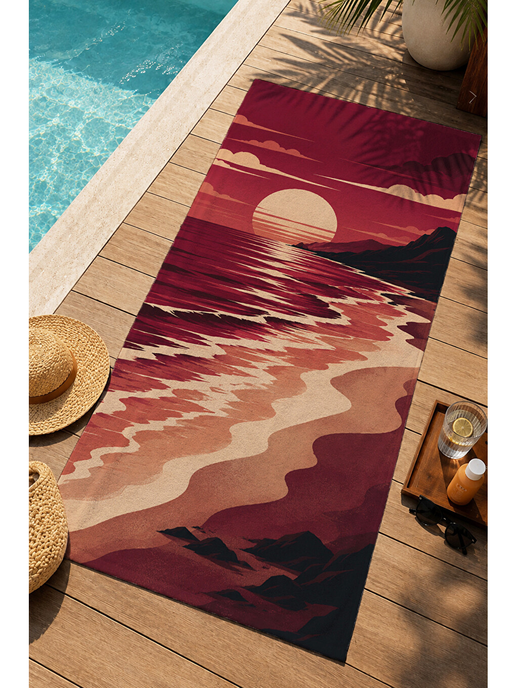 Retro Bordo Akşam Işığı Okyanus Dalgası Desenli 70x150 Plaj Havlusu - Dijital Baskılı Banyo Havlusu-1
