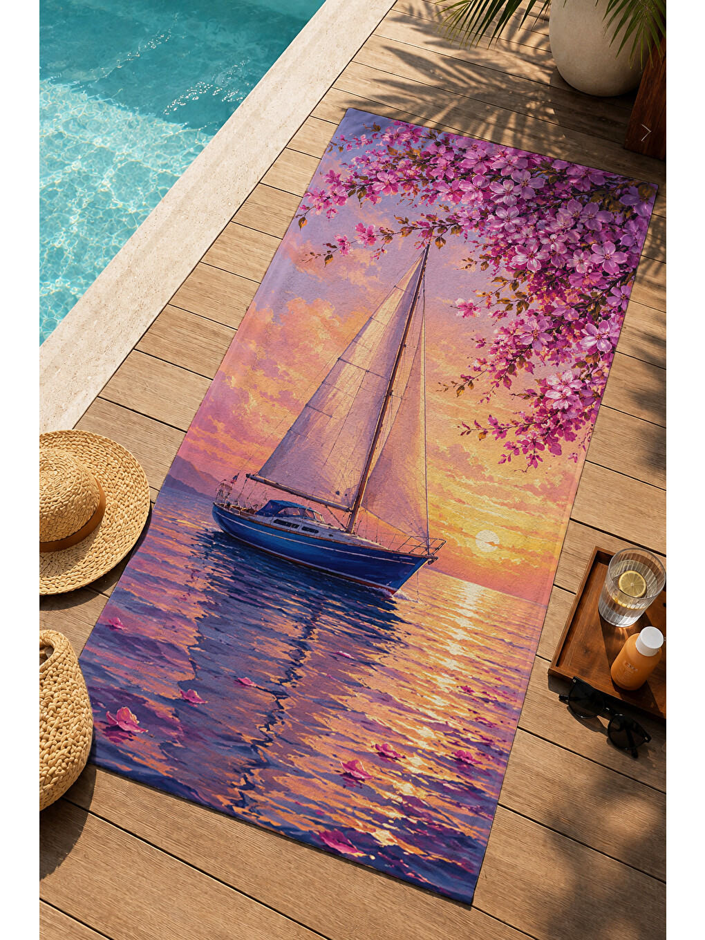 Turuncu Romantik Akşam Işığı Yelkenli Deniz Desenli 70x150 Plaj Havlusu - Dijital Baskılı Banyo Havlusu-1