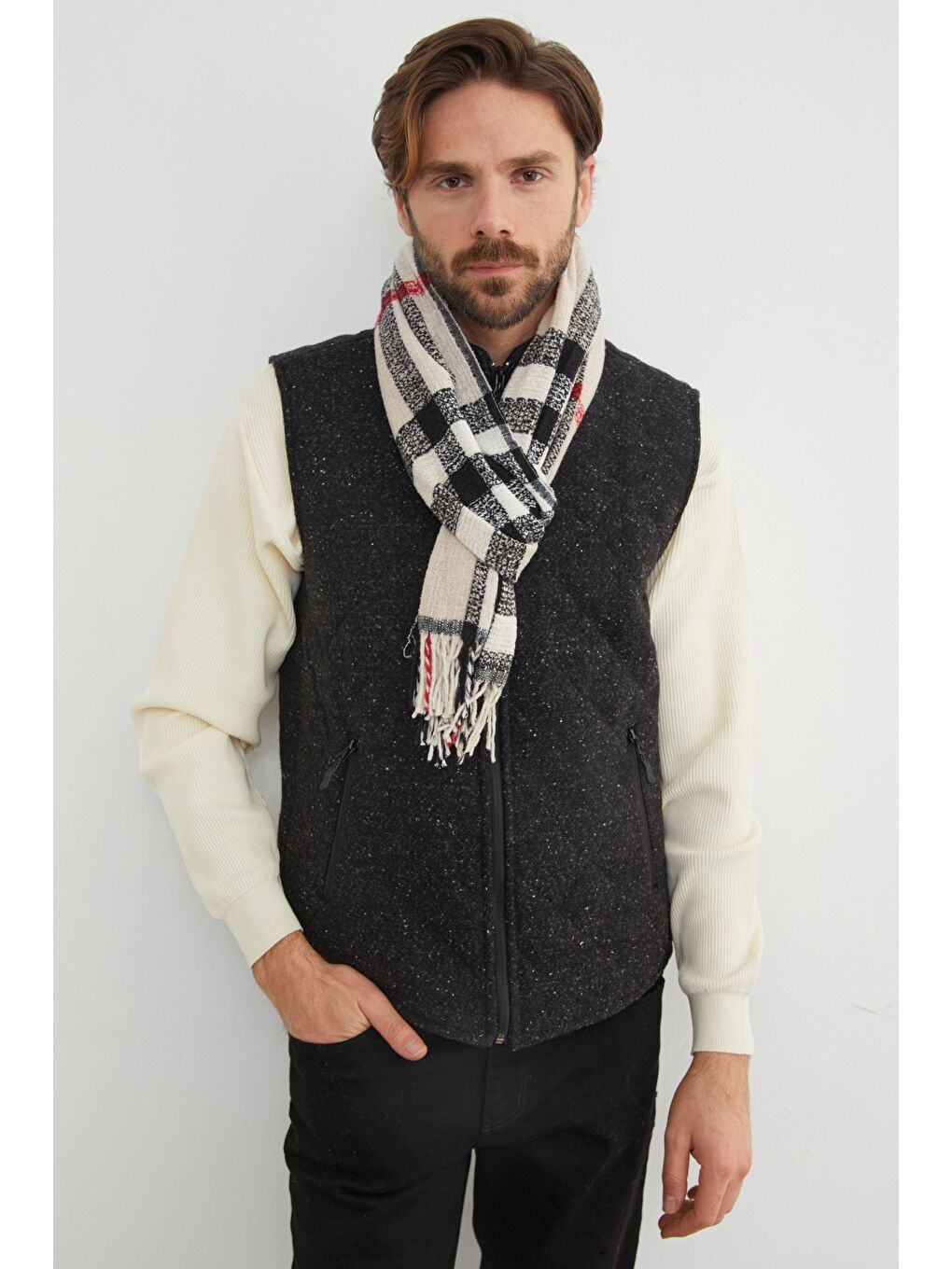 Ekru Desenli Yumuşak Dokulu Atkı