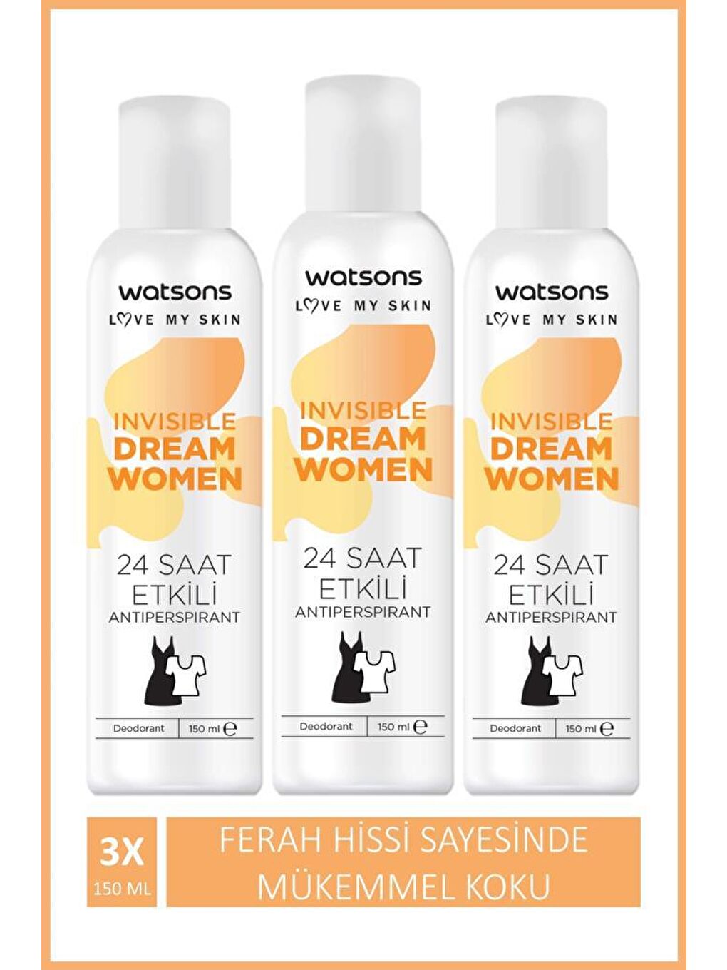 Watsons Açık Bej Invisible Fresh 24 Saat Etkili Kadın Deodorant Sprey 150 ml X3 ADET