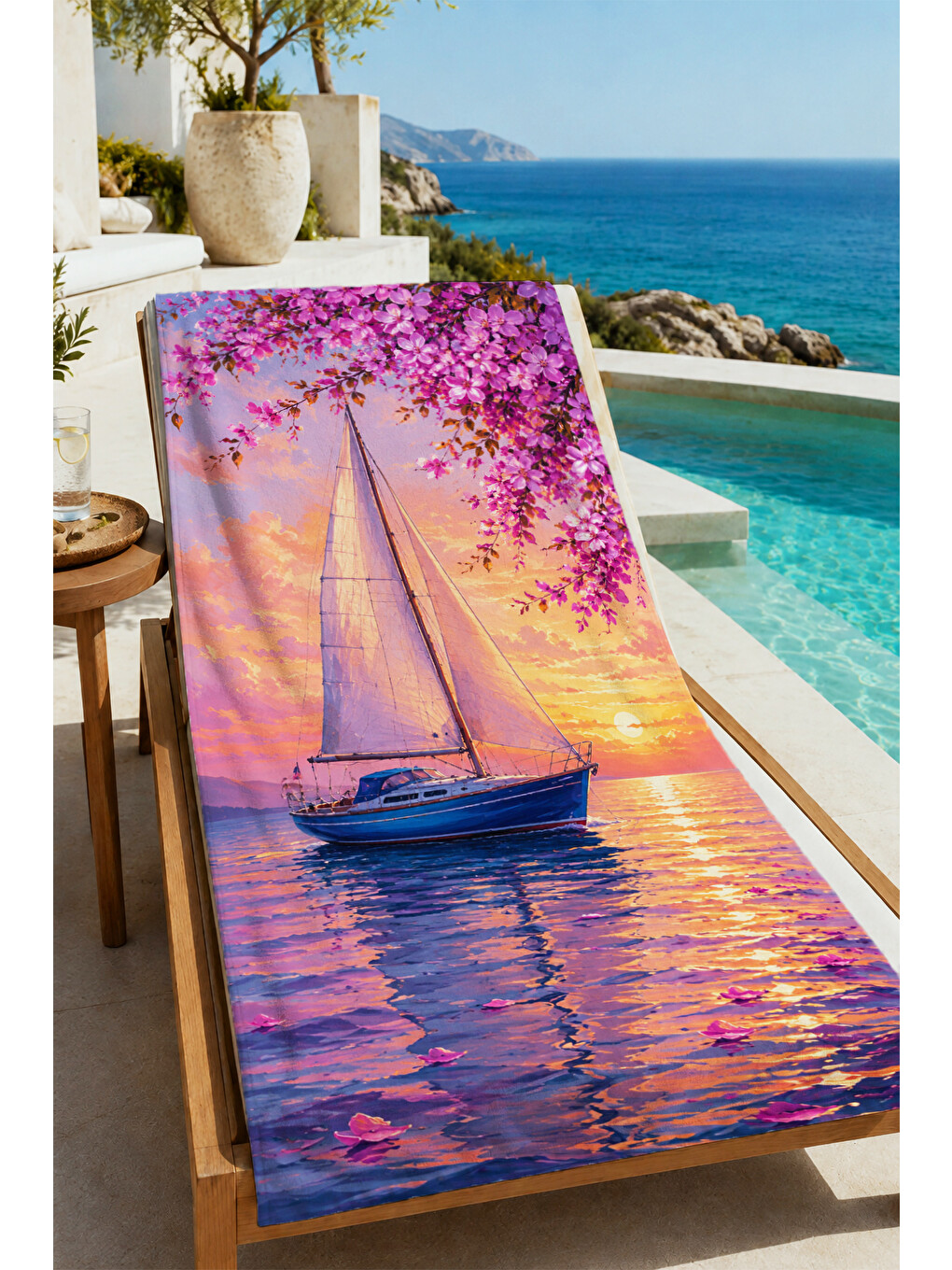 Turuncu Romantik Akşam Işığı Yelkenli Deniz Desenli 70x150 Plaj Havlusu - Dijital Baskılı Banyo Havlusu-3