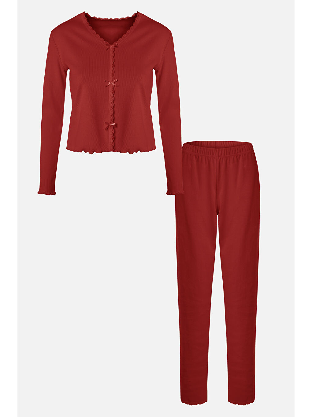 Kırmızı Sevgililer Günü Temalı Kadın Pamuklu Dantel ve Kurdele/Fiyonk Detaylı Kaşkorse Renkli Pijama Takımı-1