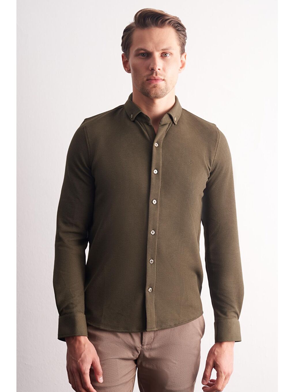 Haki Uzun Kol Düğmeli Yaka  Pamuklu Slim Fit Gömlek 1004255267-2