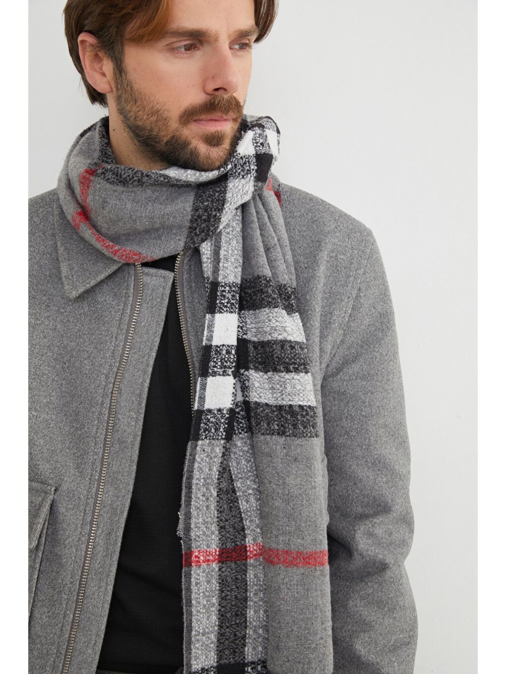 Gri Desenli Yumuşak Dokulu Atkı-1