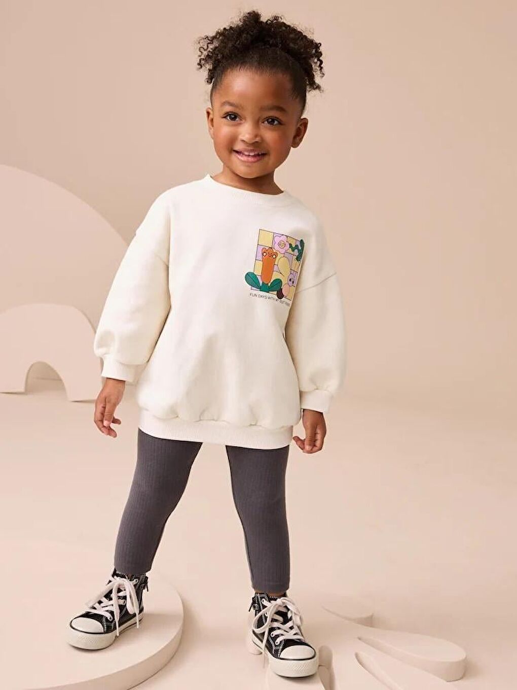 Karışık Kız Çocuk Pamuklu Beyaz Renkli Baskılı Sweatshirt Tayt Alt-Üst Takım