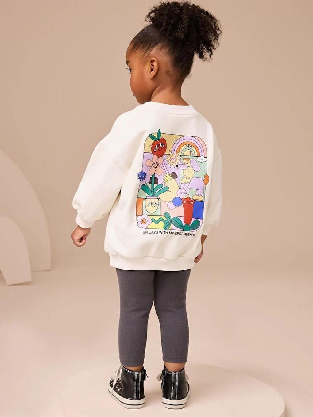 Karışık Kız Çocuk Pamuklu Beyaz Renkli Baskılı Sweatshirt Tayt Alt-Üst Takım-1