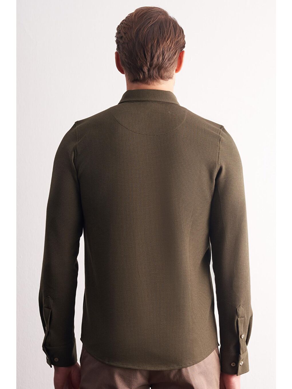 Haki Uzun Kol Düğmeli Yaka  Pamuklu Slim Fit Gömlek 1004255267-4