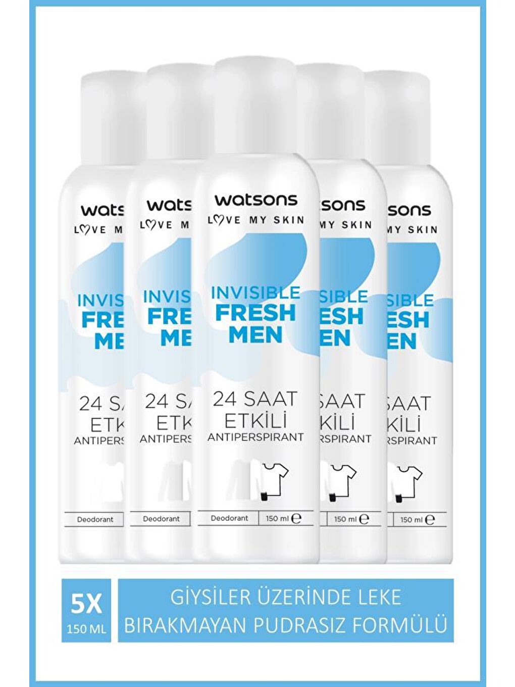 Watsons Açık Bej Invisible Fresh Men 24 Saat Etkili Deodorant Sprey 150 ml X5 ADET