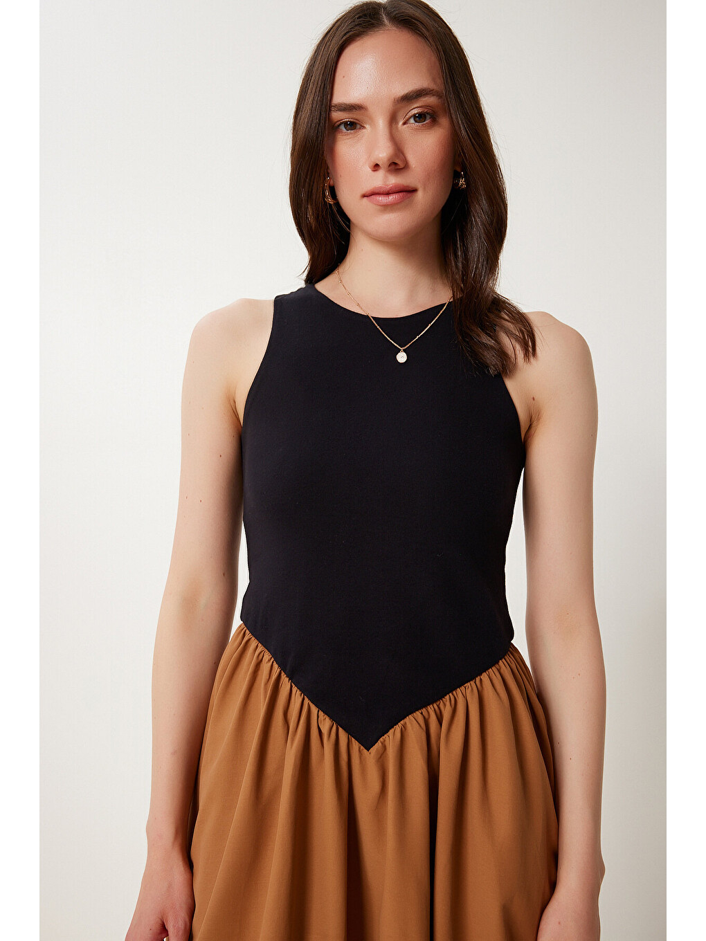 Siyah Örme Üstlü Poplin Etekli Yazlık Elbise SİYAH CAMEL LUS0140-2