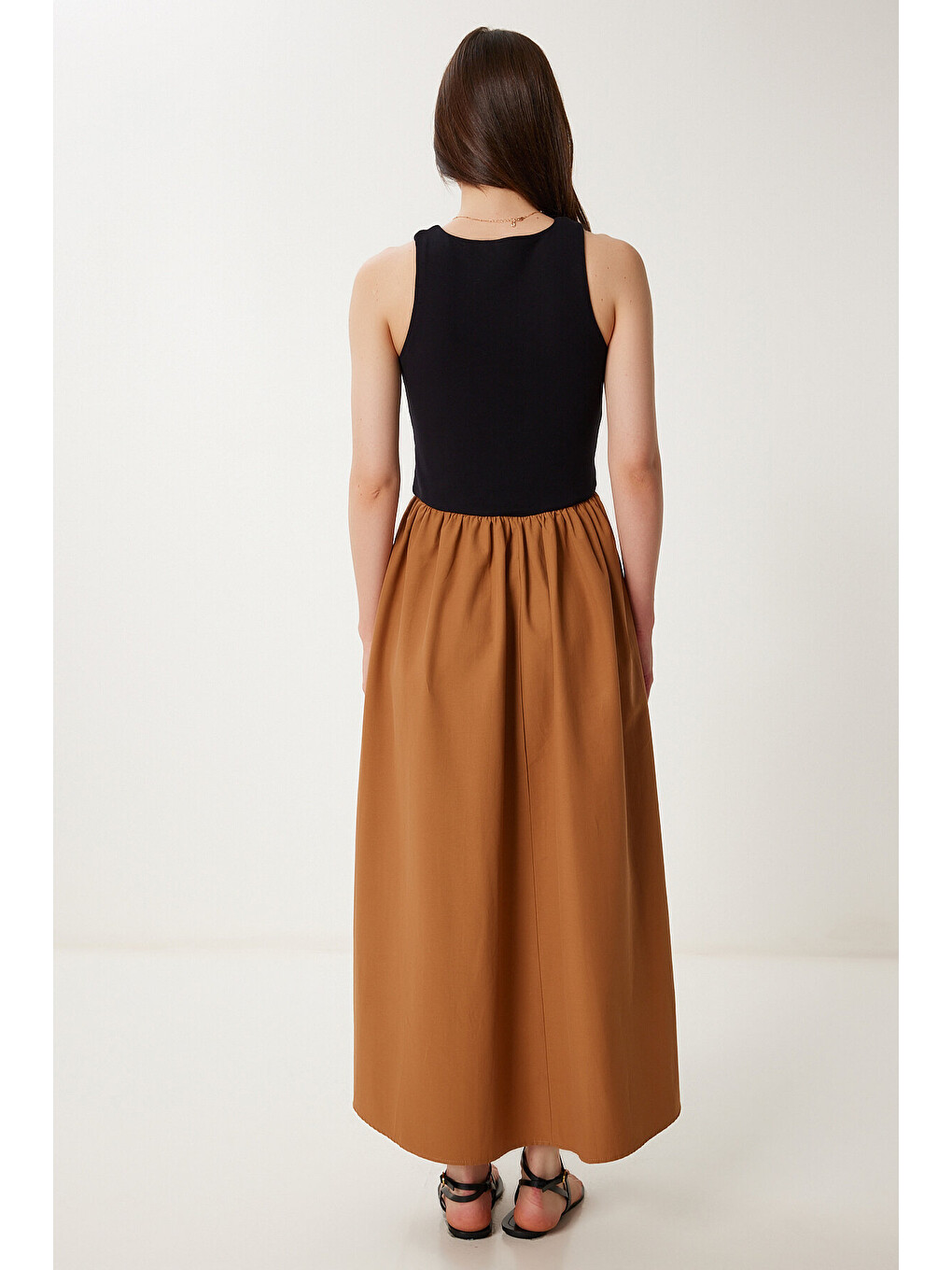 Siyah Örme Üstlü Poplin Etekli Yazlık Elbise SİYAH CAMEL LUS0140-4
