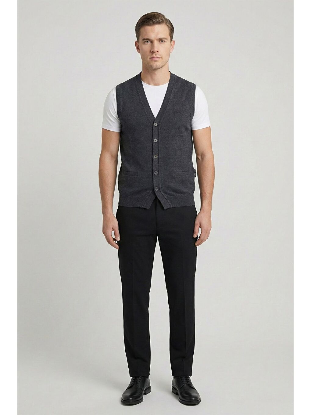 Giotelli Antrasit Yün Karışımlı Dokuma Kısa Kol Düğmeli Erkek Triko Yelek-1