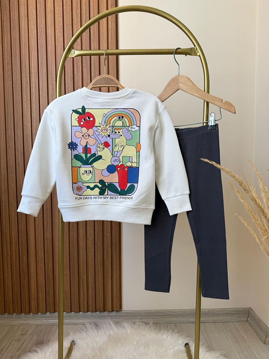 Karışık Kız Çocuk Pamuklu Beyaz Renkli Baskılı Sweatshirt Tayt Alt-Üst Takım-6