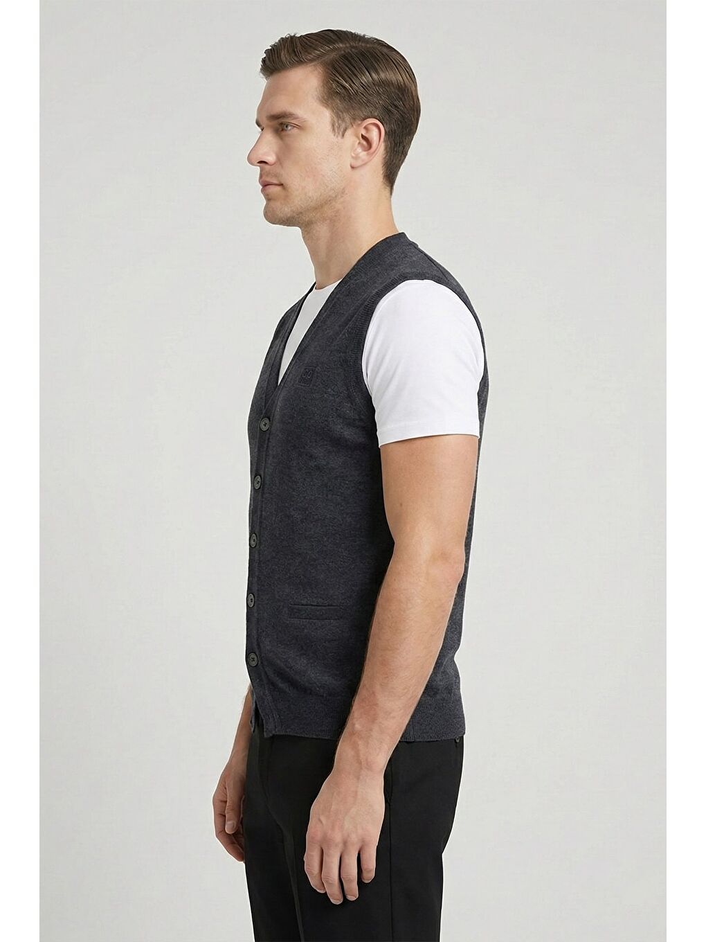 Giotelli Antrasit Yün Karışımlı Dokuma Kısa Kol Düğmeli Erkek Triko Yelek-2