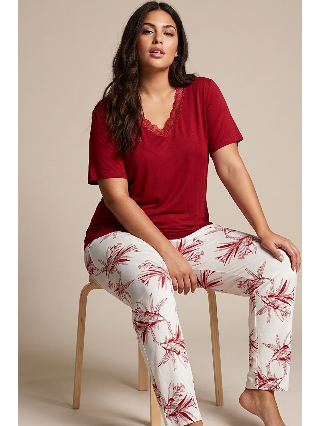 Bordo Desenli Büyük Beden Battal Boy Viskon Örme Pijama Takım