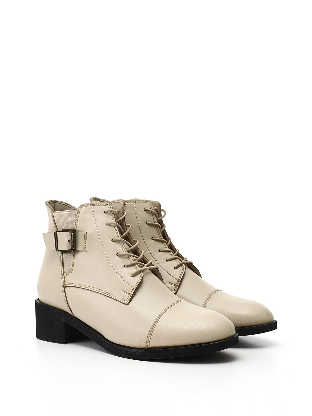 Bej Kadın YENİ BEJ Fermuarlı Kalın Topuklu Hakiki Deri Bot-1