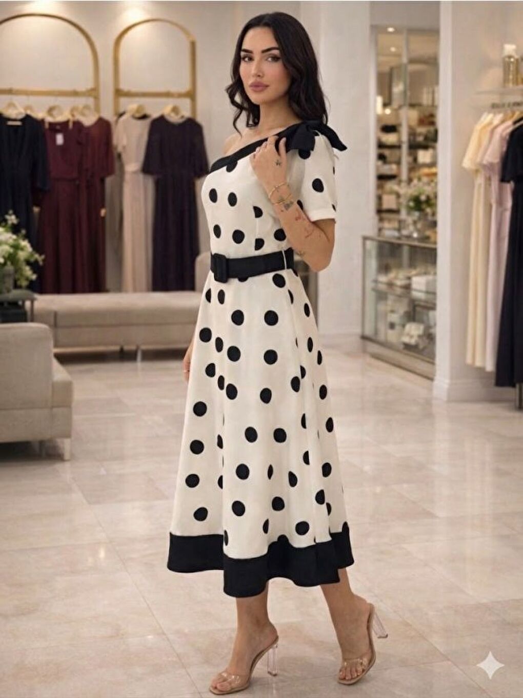 Beyaz Kadın Omuz Dekolteli Fiyonk Ve Puantiye Detay Maxi Boy Elbise-1