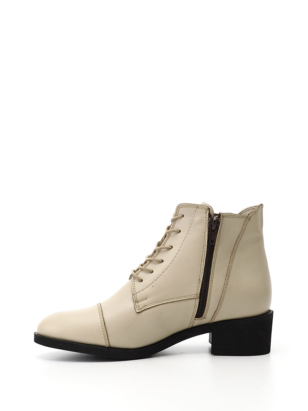 Bej Kadın YENİ BEJ Fermuarlı Kalın Topuklu Hakiki Deri Bot-2