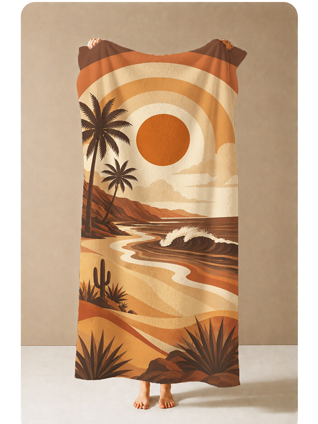 Turuncu Retro Akşam Işığı Palmiye Ve Okyanus Dalgası Desenli 70x150 Plaj Havlusu - Pamuklu Banyo Havlusu-1