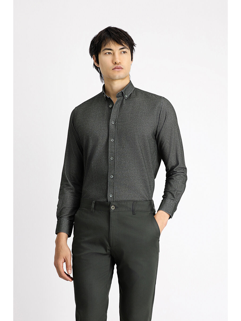 Antrasit Uzun Kol Regular Fit Desenli Spor Pamuk Düğmeli Yaka %100 Pamuk Gömlek