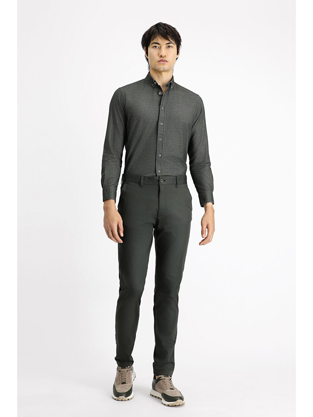 Antrasit Uzun Kol Regular Fit Desenli Spor Pamuk Düğmeli Yaka %100 Pamuk Gömlek-1