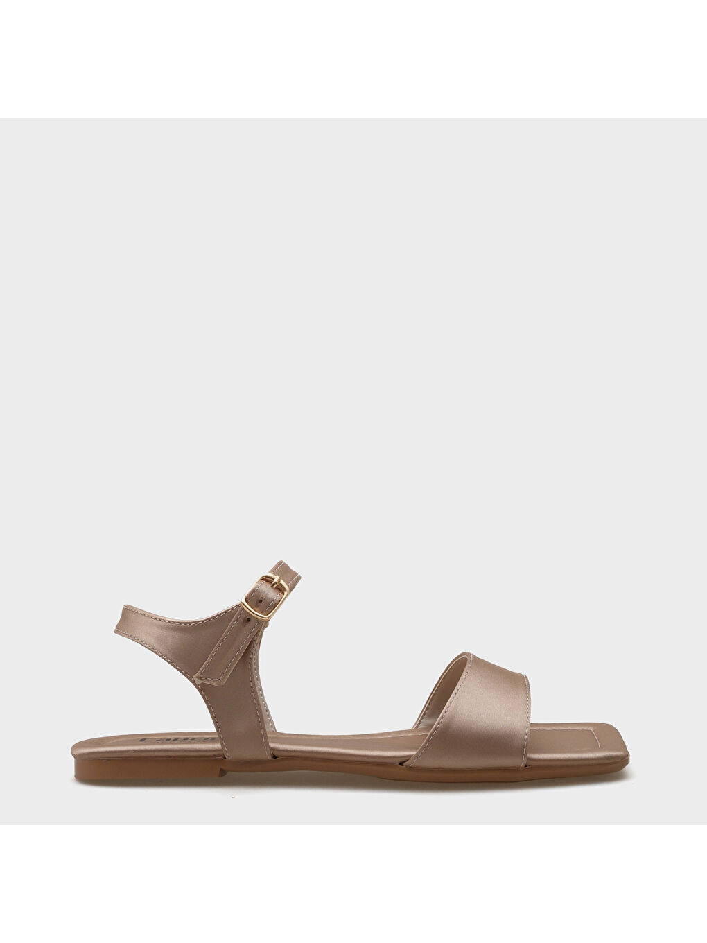 Bej Celinda Bilekten Bantlı Küt Burunlu Düz Topuklu Saten Kadın Sandalet