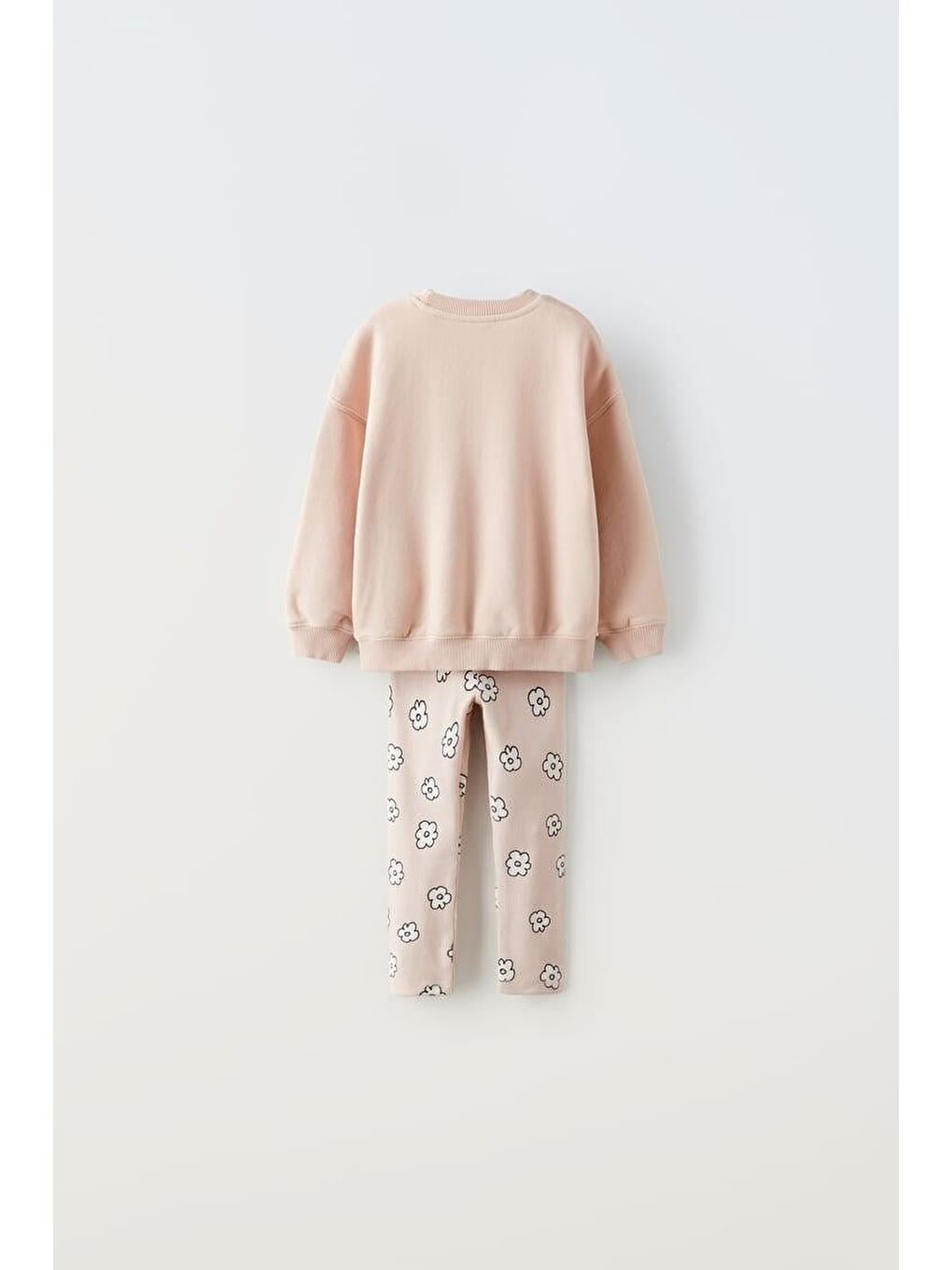 Pembe Kız Çocuk Pamuklu Pudra Slogan Baskılı Sweatshirt Çiçek Desenli Tayt Takım-1