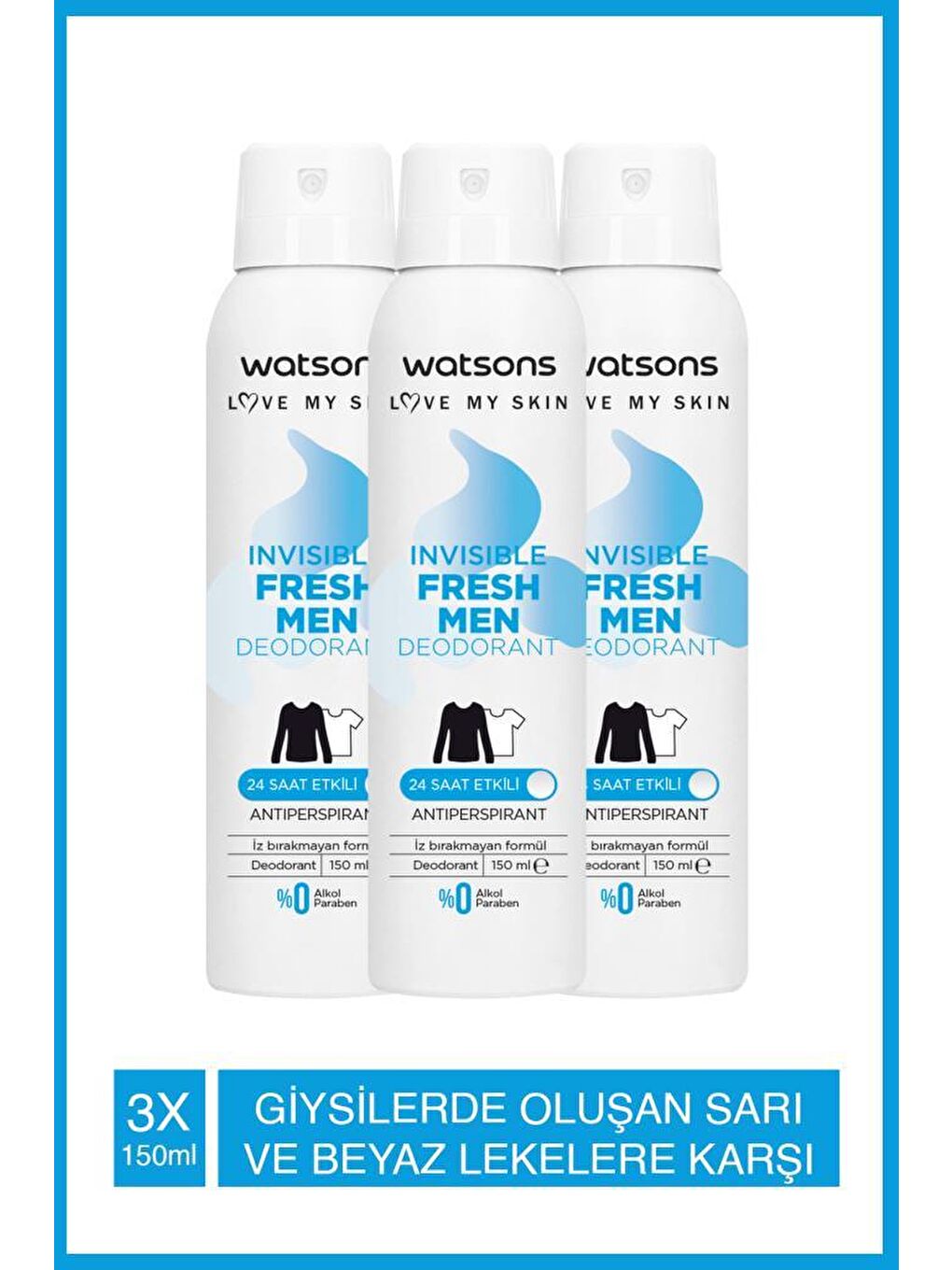 Watsons Açık Bej Invisible Fresh Men 24 Saat Etkili Deodorant Sprey 150 ml X3 ADET